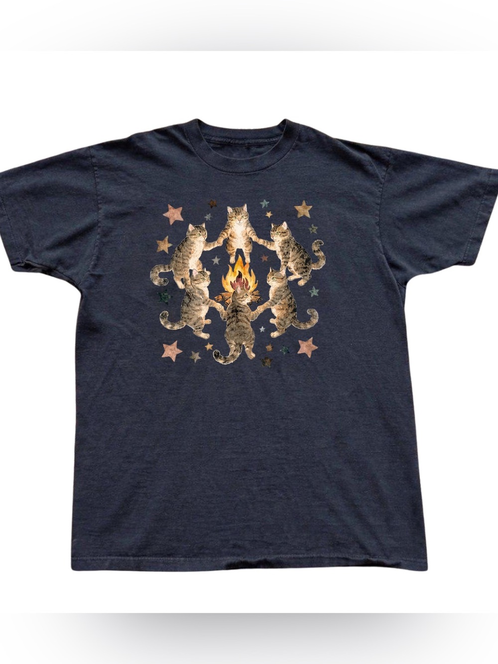 Unbranded Black Cute Cat Circle Graphic Tee - Cat Campfire Design